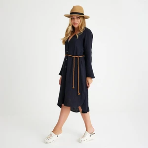 Pamuklu Dokuma Müslin Hakim Yaka Kemer Detaylı Plaj Gömlek Elbise