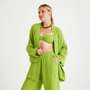 %100 Pamuklu Dokuma Müslin Düğüm Crop Top Arkası Lastikli 2'li Pantolon Takım
