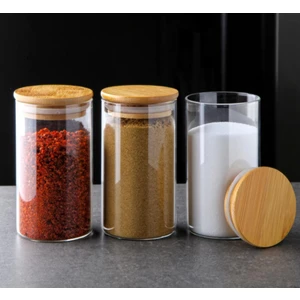 Bambu Kapaklı Vakumlu Borosilikat Cam Kavanoz 3 Adet 600 ml