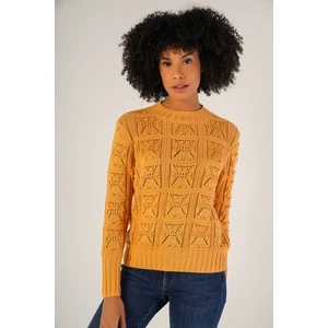 Trist Star Kadın Sarı Pon Pon Desenli Ajurlu Bisiklet Yaka %100 Pamuk Kazak TRIST-6153