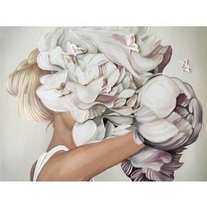 Tablo Dekor Sarışın Çiçek Saçlı Kelebekli Kadın Yoğun Yağlı Boya Dokulu Tablo