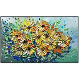 Tablo Dekor Yeşil Yapraklı Sarı Çiçekler Yoğun Yağlı Boya Dokulu Tablo