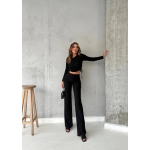 AB Looks Kadın Fitilli Yanı Büzgülü Uzun Kollu Bluz Crop Palazzo Pantolon Alt Üst Takım Esnek Ikili Takım