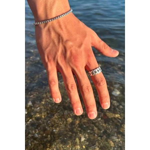 Trend Collection Gümüş Kaplama Zincir Halka Model Ayarlanabilir Erkek Yüzük ve Bileklik Set