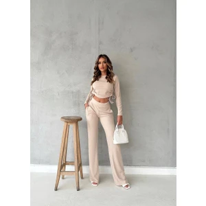 AB Looks Kadın Fitilli Yanı Büzgülü Uzun Kollu Bluz Crop Palazzo Pantolon Alt Üst Takım Esnek Ikili Takım