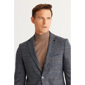 ALTINYILDIZ CLASSICS Erkek Mavi-Kahverengi Slim Fit Dar Kesim Mono Yaka Kapak Cep Ceket