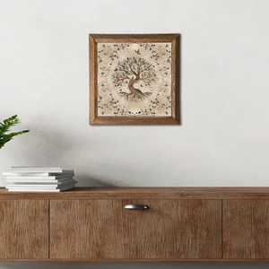 Pinecone Stone Hayat Ağacı Ahşap Çerçeveli Taş Duvar Tablosu – 25x25 cm Dekoratif Modern Sanat – Ev ve Ofis Dekoru |W1-07|
