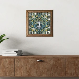 Hayat Ağacı Taş Duvar Tablosu Ahşap Çerçeveli Duvar Dekoru Wall Art 25x25cm W1-238