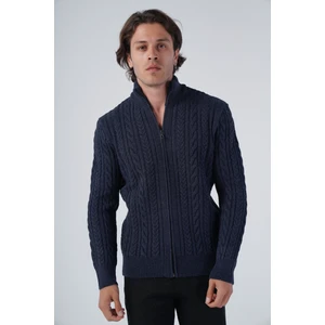 Trist Star Erkek Lacivert Saç Örgülü Yürütme Fermuarlı Dik Yaka Triko Yün Hırka TRIST-5297