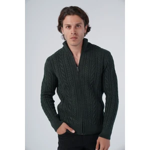 Trist Star Erkek Haki Saç Örgülü Yürütme Fermuarlı Dik Yaka Triko Yün Hırka TRIST-5297