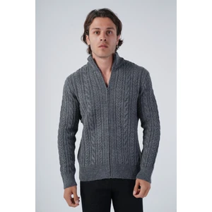 Trist Star Erkek Koyu Gri Saç Örgülü Yürütme Fermuarlı Dik Yaka Triko Yün Hırka TRIST-5297