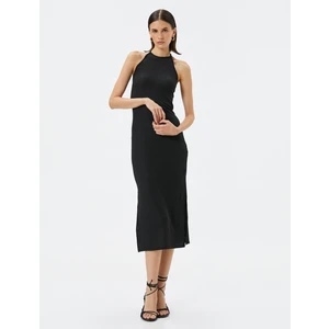 Triko Elbise Midi Halter Yaka Yırtmaçlı