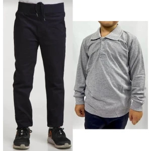 Unisex Çocuk Ribana Bel Keten Siyah Okul Pantolonu + Polo Yaka Uzun Kol T-Shirt