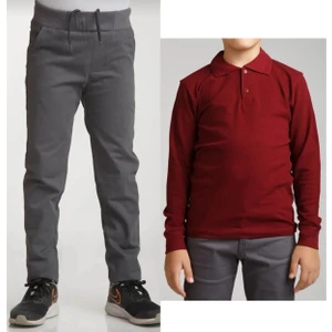 Unisex Çocuk Ribana Bel Keten Gri Okul Pantolonu + Polo Yaka Uzun Kol T-Shirt