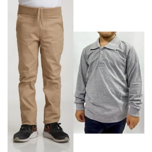 Unisex Çocuk Ribana Bel Keten Bej Okul Pantolonu + Polo Yaka Uzun Kol T-Shirt