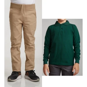 Unisex Çocuk Ribana Bel Keten Bej Okul Pantolonu + Polo Yaka Uzun Kol T-Shirt