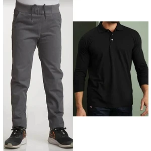 Unisex Çocuk Ribana Bel Keten Gri Okul Pantolonu + Polo Yaka Uzun Kol T-Shirt