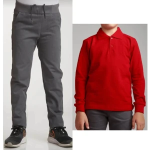 Unisex Çocuk Ribana Bel Keten Gri Okul Pantolonu + Polo Yaka Uzun Kol T-Shirt