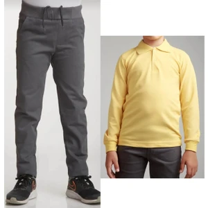 Unisex Çocuk Ribana Bel Keten Gri Okul Pantolonu + Polo Yaka Uzun Kol T-Shirt