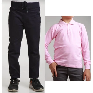 Unisex Çocuk Ribana Bel Keten Siyah Okul Pantolonu + Polo Yaka Uzun Kol T-Shirt