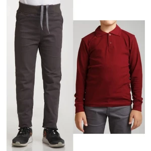 Unisex Çocuk Ribana Bel Keten Füme Okul Pantolonu + Polo Yaka Uzun Kol T-Shirt