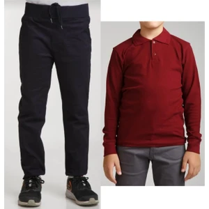 Unisex Çocuk Ribana Bel Keten Siyah Okul Pantolonu + Polo Yaka Uzun Kol T-Shirt