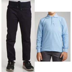 Unisex Çocuk Ribana Bel Keten Siyah Okul Pantolonu + Polo Yaka Uzun Kol T-Shirt