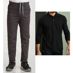 Unisex Çocuk Ribana Bel Keten Füme Okul Pantolonu + Polo Yaka Uzun Kol T-Shirt