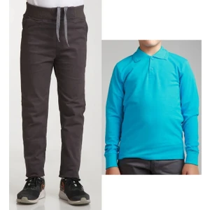 Unisex Çocuk Ribana Bel Keten Füme Okul Pantolonu + Polo Yaka Uzun Kol T-Shirt