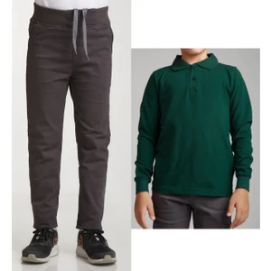 Unisex Çocuk Ribana Bel Keten Füme Okul Pantolonu + Polo Yaka Uzun Kol T-Shirt