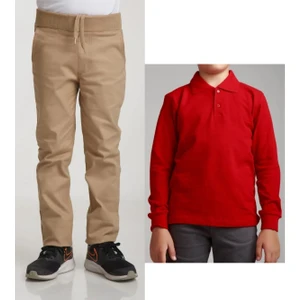 Unisex Çocuk Ribana Bel Keten Bej Okul Pantolonu + Polo Yaka Uzun Kol T-Shirt