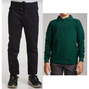 Unisex Çocuk Ribana Bel Keten Siyah Okul Pantolonu + Polo Yaka Uzun Kol T-Shirt