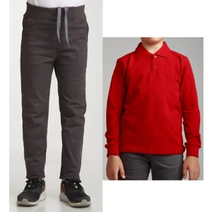 Unisex Çocuk Ribana Bel Keten Füme Okul Pantolonu + Polo Yaka Uzun Kol T-Shirt