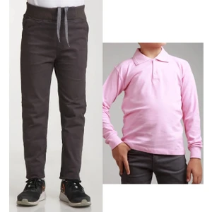 Unisex Çocuk Ribana Bel Keten Füme Okul Pantolonu + Polo Yaka Uzun Kol T-Shirt