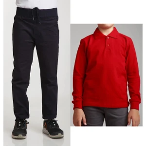 Unisex Çocuk Ribana Bel Keten Lacivert Okul Pantolonu + Polo Yaka Uzun Kol T-Shirt
