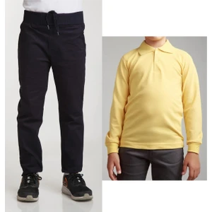 Unisex Çocuk Ribana Bel Keten Lacivert Okul Pantolonu + Polo Yaka Uzun Kol T-Shirt
