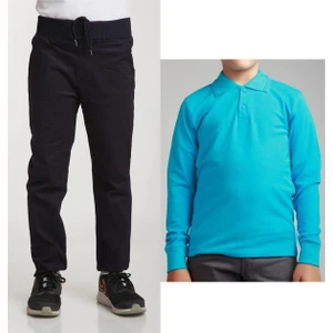 Unisex Çocuk Ribana Bel Keten Lacivert Okul Pantolonu + Polo Yaka Uzun Kol T-Shirt