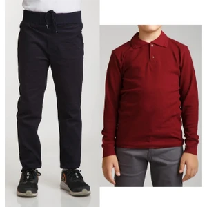 Unisex Çocuk Ribana Bel Keten Lacivert Okul Pantolonu + Polo Yaka Uzun Kol T-Shirt