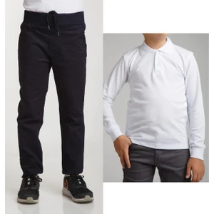 Unisex Çocuk Ribana Bel Keten Lacivert Okul Pantolonu + Polo Yaka Uzun Kol T-Shirt