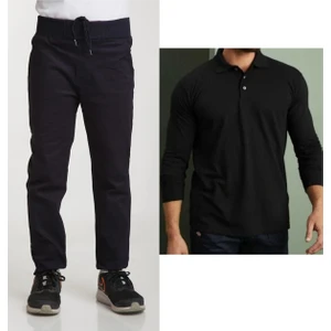 Unisex Çocuk Ribana Bel Keten Lacivert Okul Pantolonu + Polo Yaka Uzun Kol T-Shirt