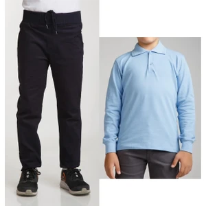 Unisex Çocuk Ribana Bel Keten Lacivert Okul Pantolonu + Polo Yaka Uzun Kol T-Shirt