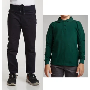 Unisex Çocuk Ribana Bel Keten Lacivert Okul Pantolonu + Polo Yaka Uzun Kol T-Shirt