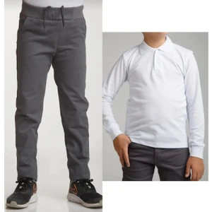 Unisex Çocuk Ribana Bel Keten Gri Okul Pantolonu + Polo Yaka Uzun Kol T-Shirt