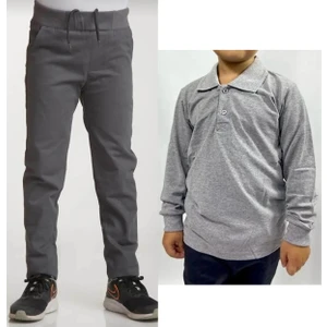 Unisex Çocuk Ribana Bel Keten Gri Okul Pantolonu + Polo Yaka Uzun Kol T-Shirt
