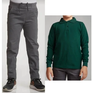 Unisex Çocuk Ribana Bel Keten Gri Okul Pantolonu + Polo Yaka Uzun Kol T-Shirt