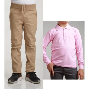 Unisex Çocuk Ribana Bel Keten Bej Okul Pantolonu + Polo Yaka Uzun Kol T-Shirt