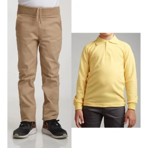 Unisex Çocuk Ribana Bel Keten Bej Okul Pantolonu + Polo Yaka Uzun Kol T-Shirt