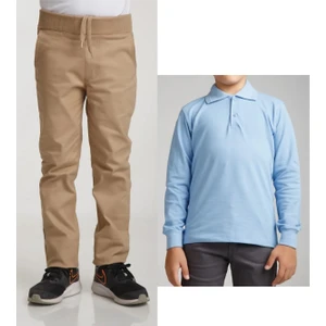 Unisex Çocuk Ribana Bel Keten Bej Okul Pantolonu + Polo Yaka Uzun Kol T-Shirt