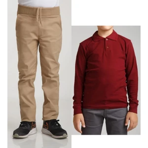 Unisex Çocuk Ribana Bel Keten Bej Okul Pantolonu + Polo Yaka Uzun Kol T-Shirt
