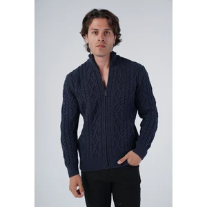 Trist Star Erkek Lacivert Arka Fitilli Dik Yaka Fermuarlı Triko Yün Hırka TRIST-5299